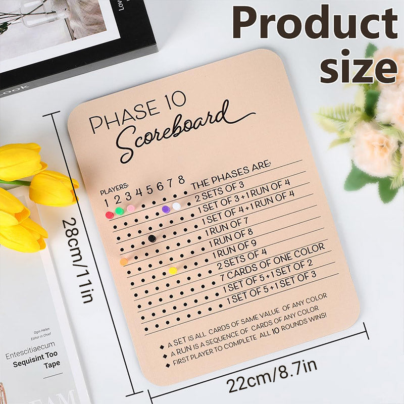 Reusable Wooden Phase 10 Scoreboard with Pegs for 8 Players