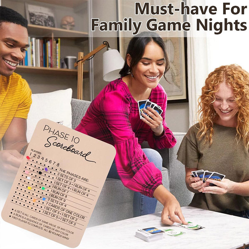 Reusable Wooden Phase 10 Scoreboard with Pegs for 8 Players