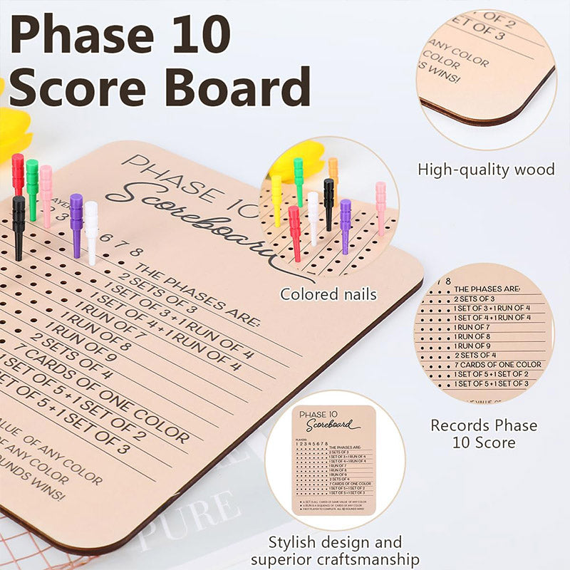 Reusable Wooden Phase 10 Scoreboard with Pegs for 8 Players