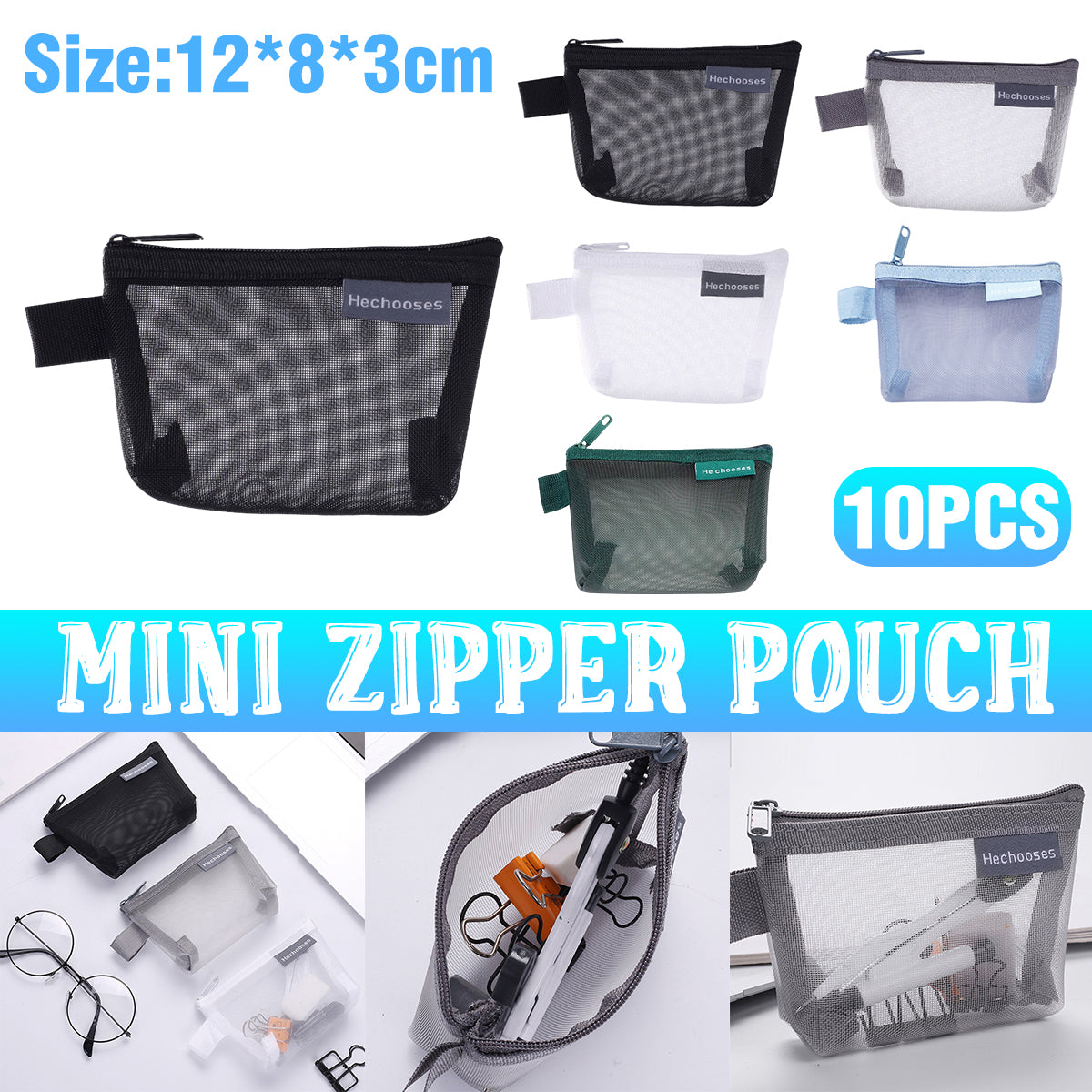 10 Pcs Mini Mesh Zipper Pouches Nylon Coin ID Card Holder