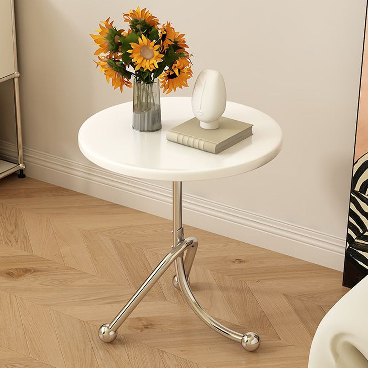 Round Side Table Stainless Steel Frame with Rubber Wood Top