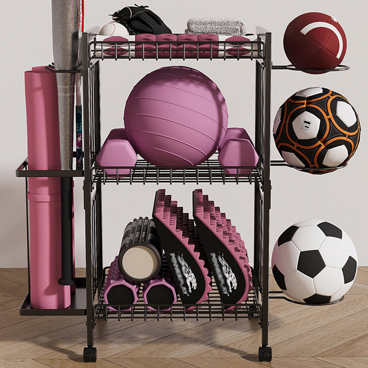 Sports Equipment Storage Rack on Wheels