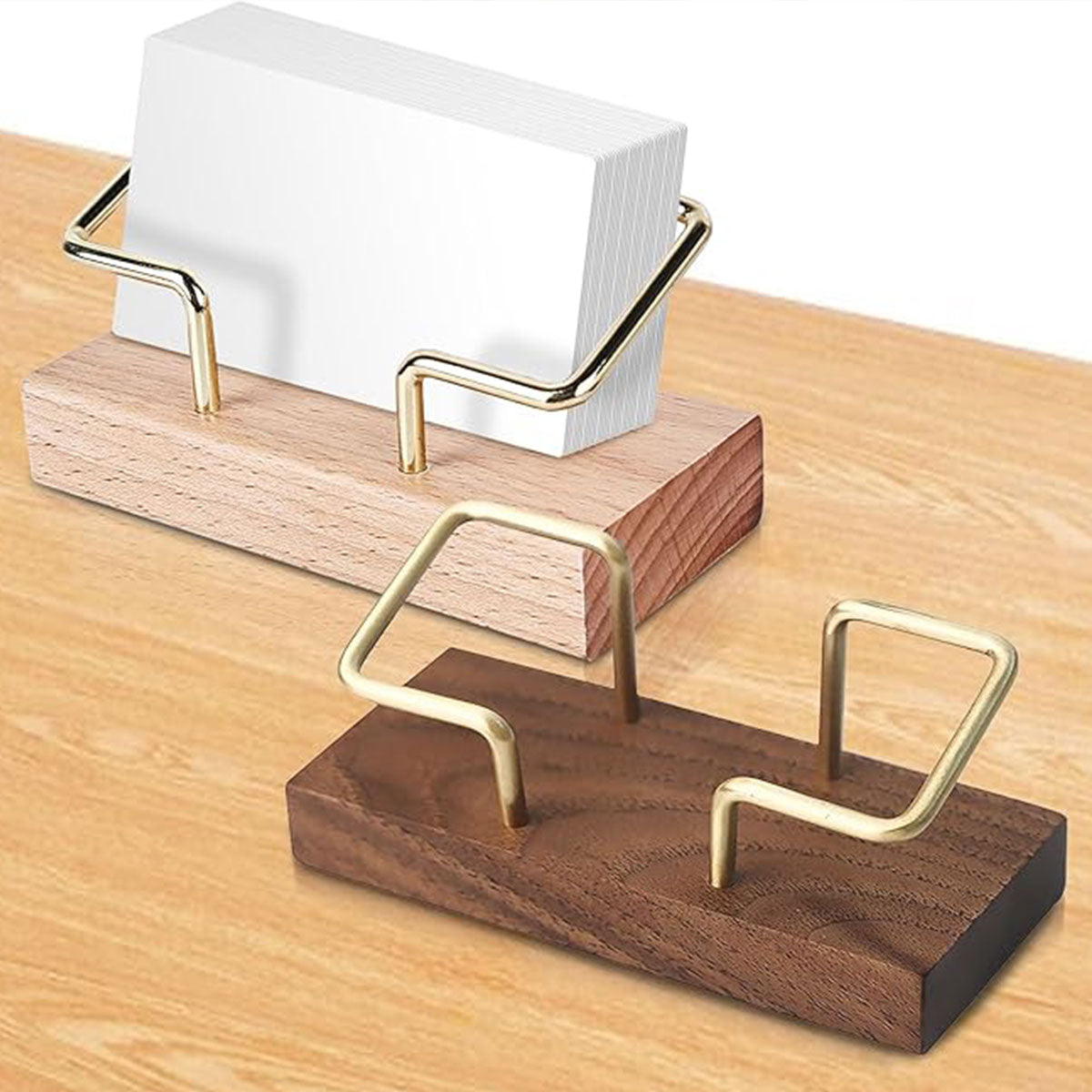 Wood Business Card Holder with Metal Frame Desk Organizer