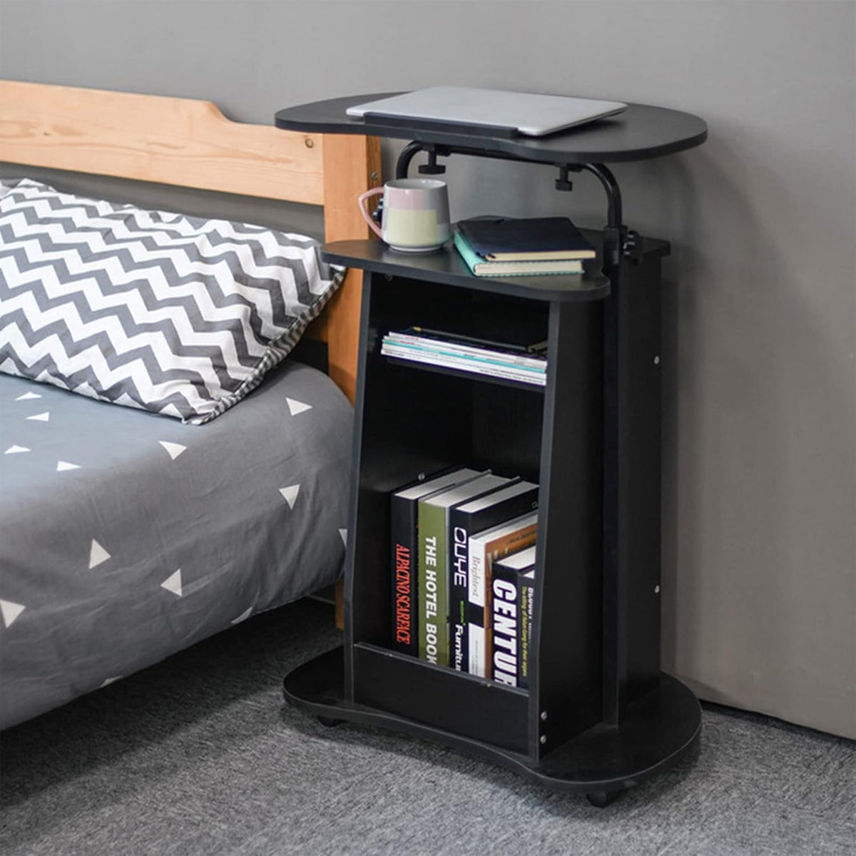 Mobile Adjustable Sofa Side Table with Tilting Desktop and Storage Layers