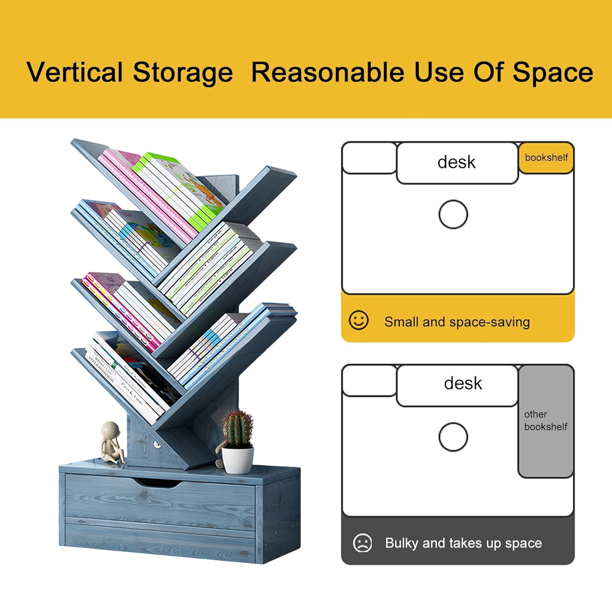 Multi Tier Wooden Bookshelf with Drawer for Home Office