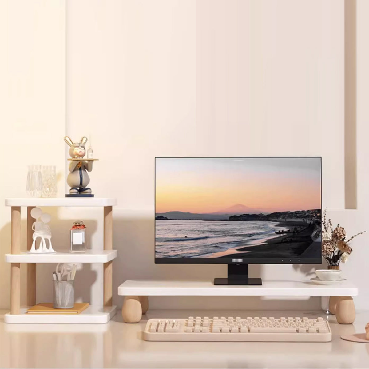 2 Pcs Monitor Riser and Desktop Storage Shelf MDF Beech Wood