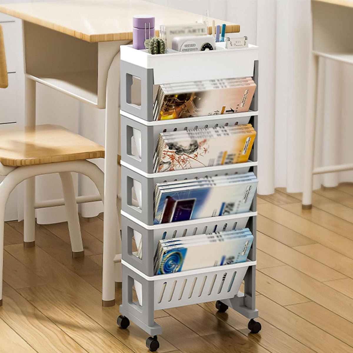 Movable Trolley Book Storage Rack with Four Layers