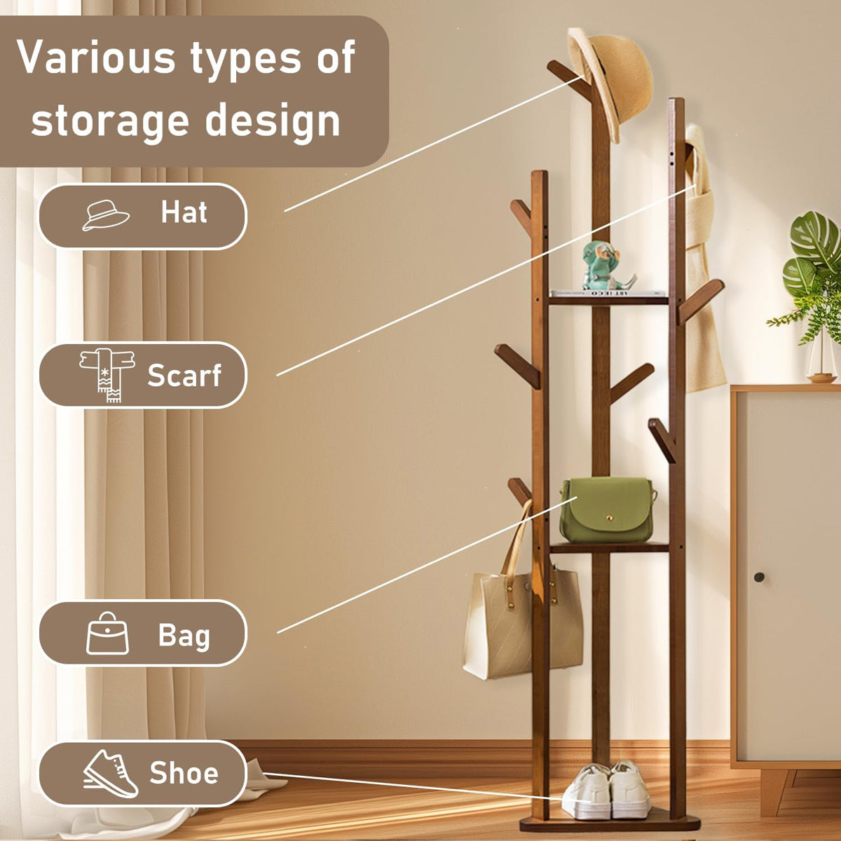 Bamboo Floor Standing Clothes Rack with 8 Hooks