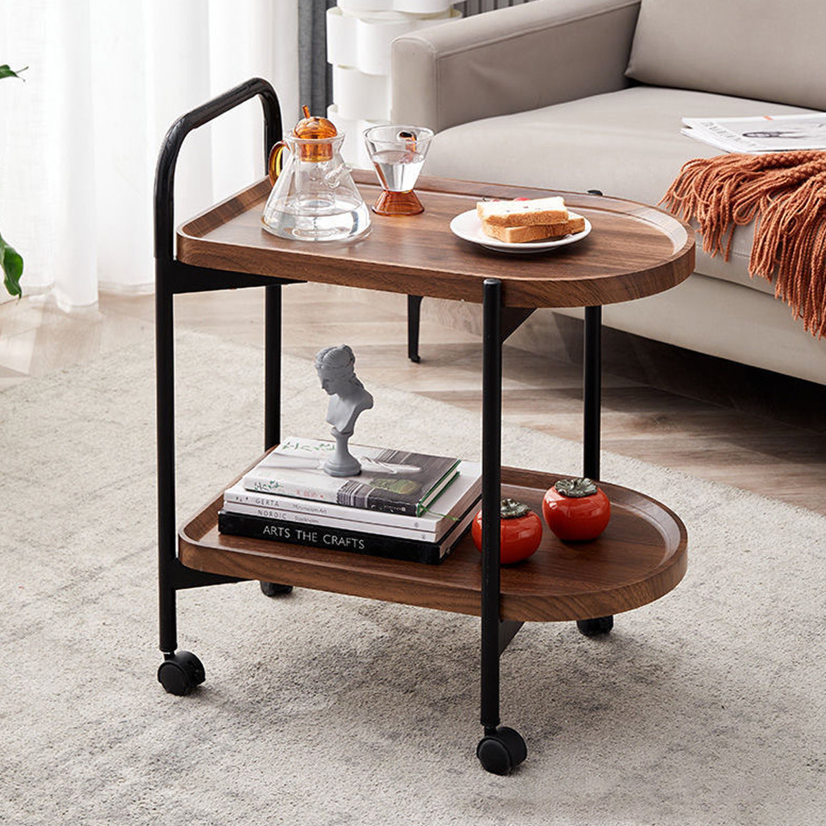 Movable Sofa Side Table Tea Trolley Shelf with Lockable Wheels