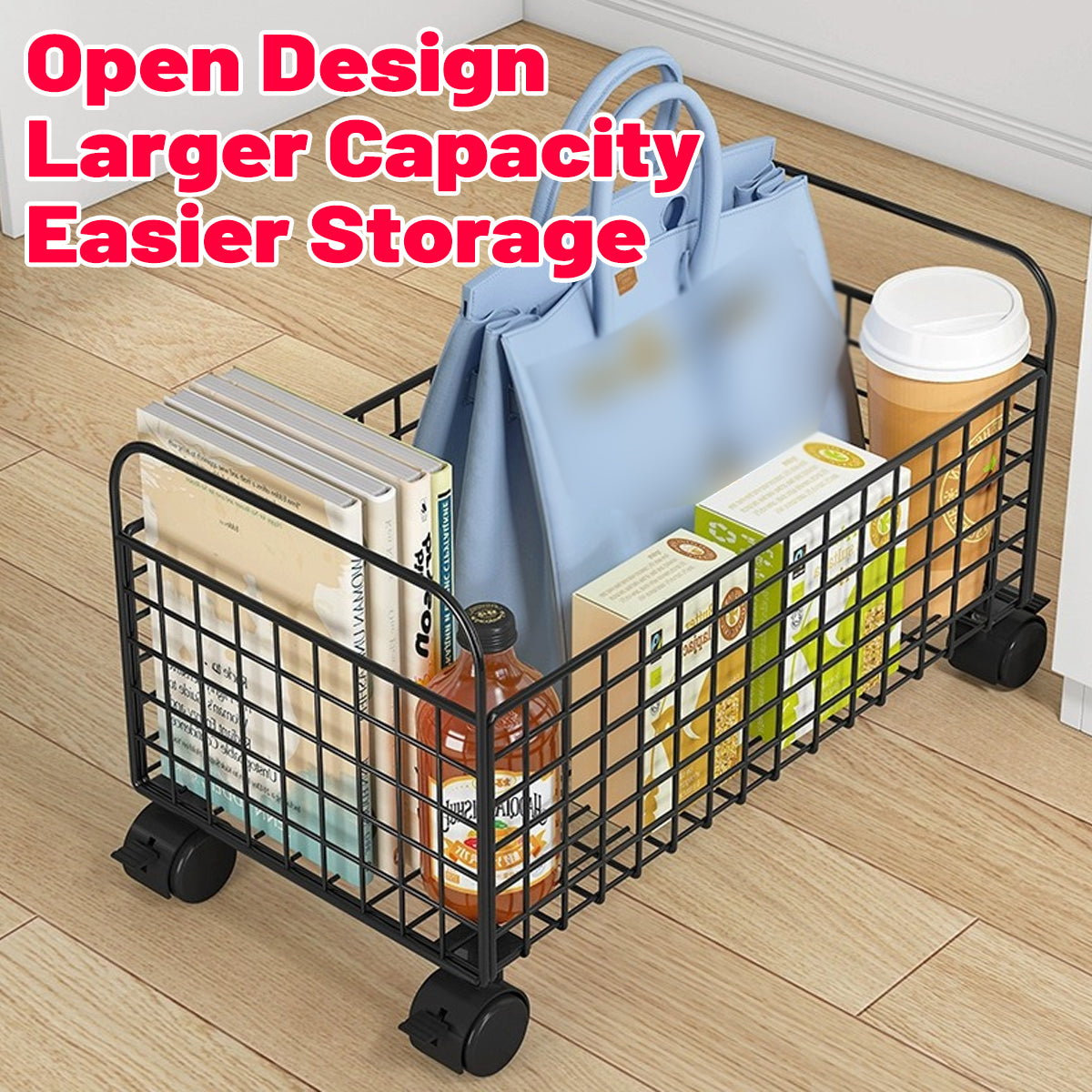 Under-Table Storage Rack with Wheels Metal Mesh Design