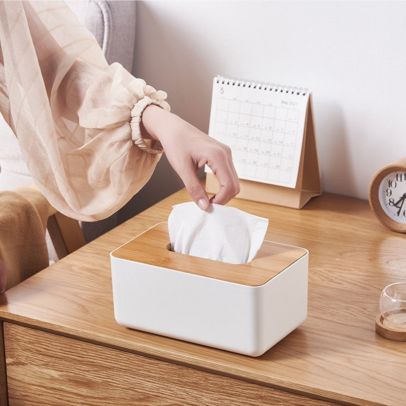 Tissue Box Holder Paper Storage Case with Wooden Cover