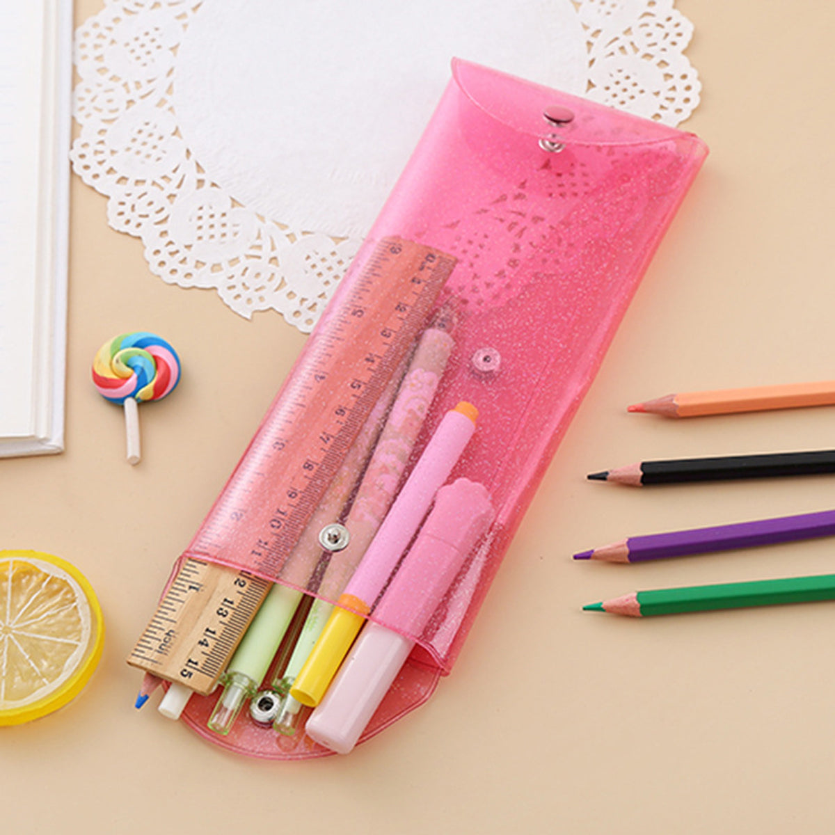 7 Pcs Transparent Pencil Bags PVC Snap Button Assorted Colours