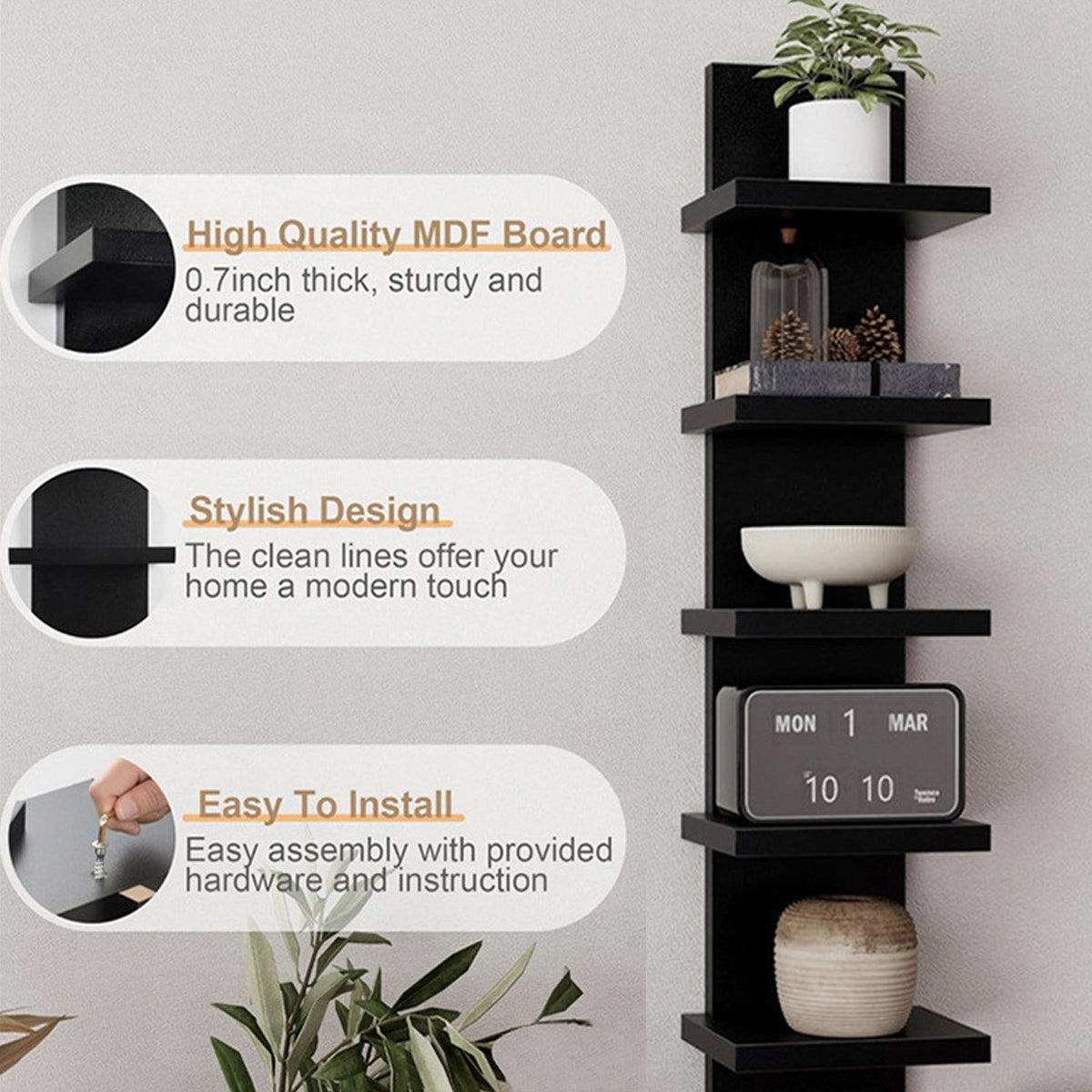 5-Tier Wall-Mounted Shelf with 40lbs Load Capacity