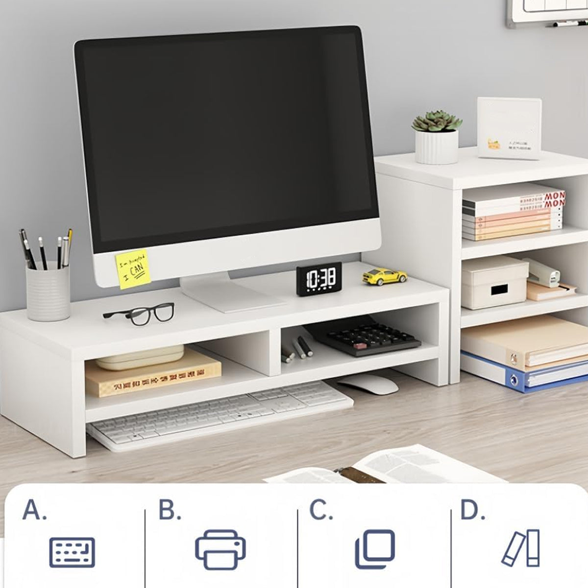 2 Pcs Monitor Riser and 3-Tier Desk Storage Rack White Wood