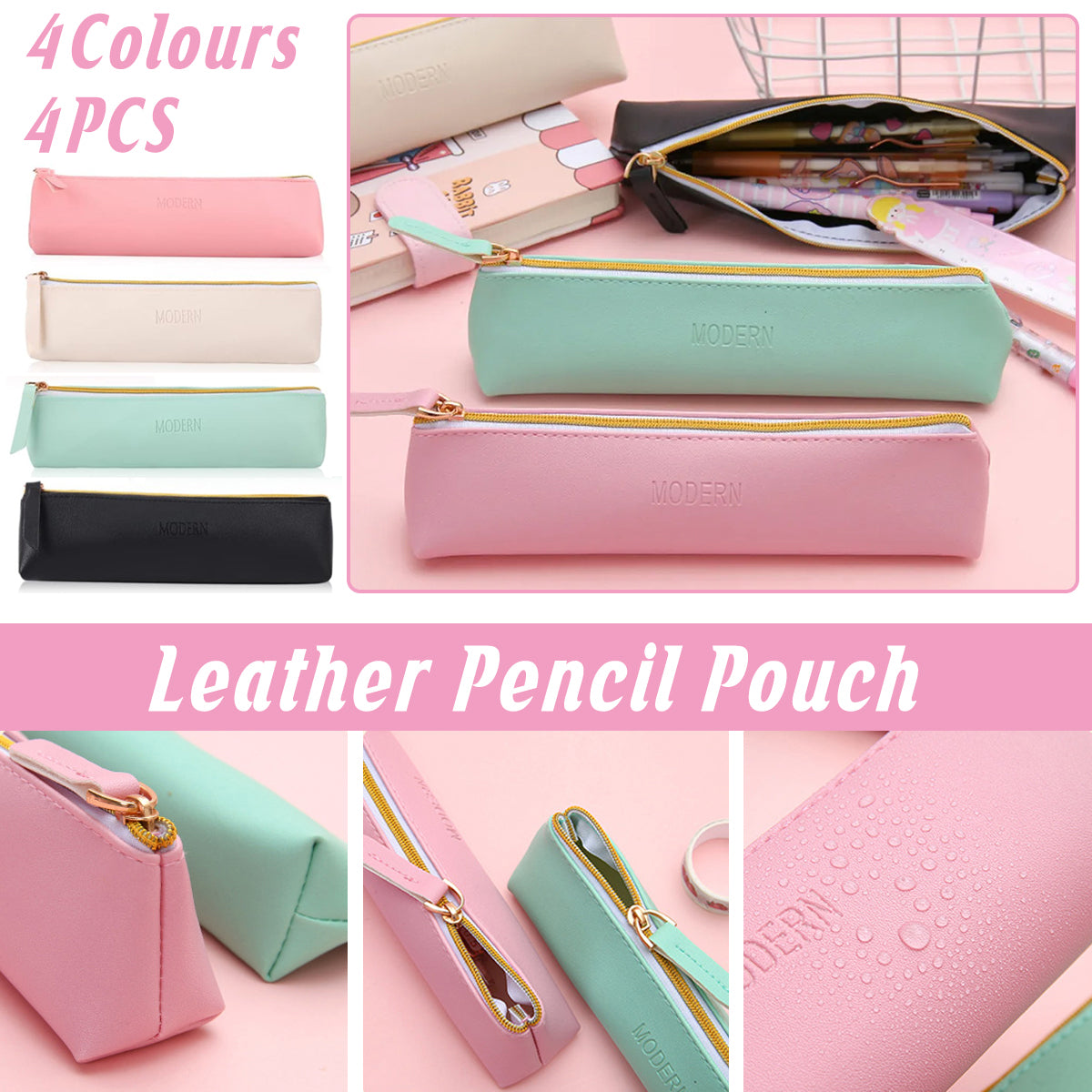 4 Pcs PU Leather Pencil Case Makeup Cosmetic Pouch Set