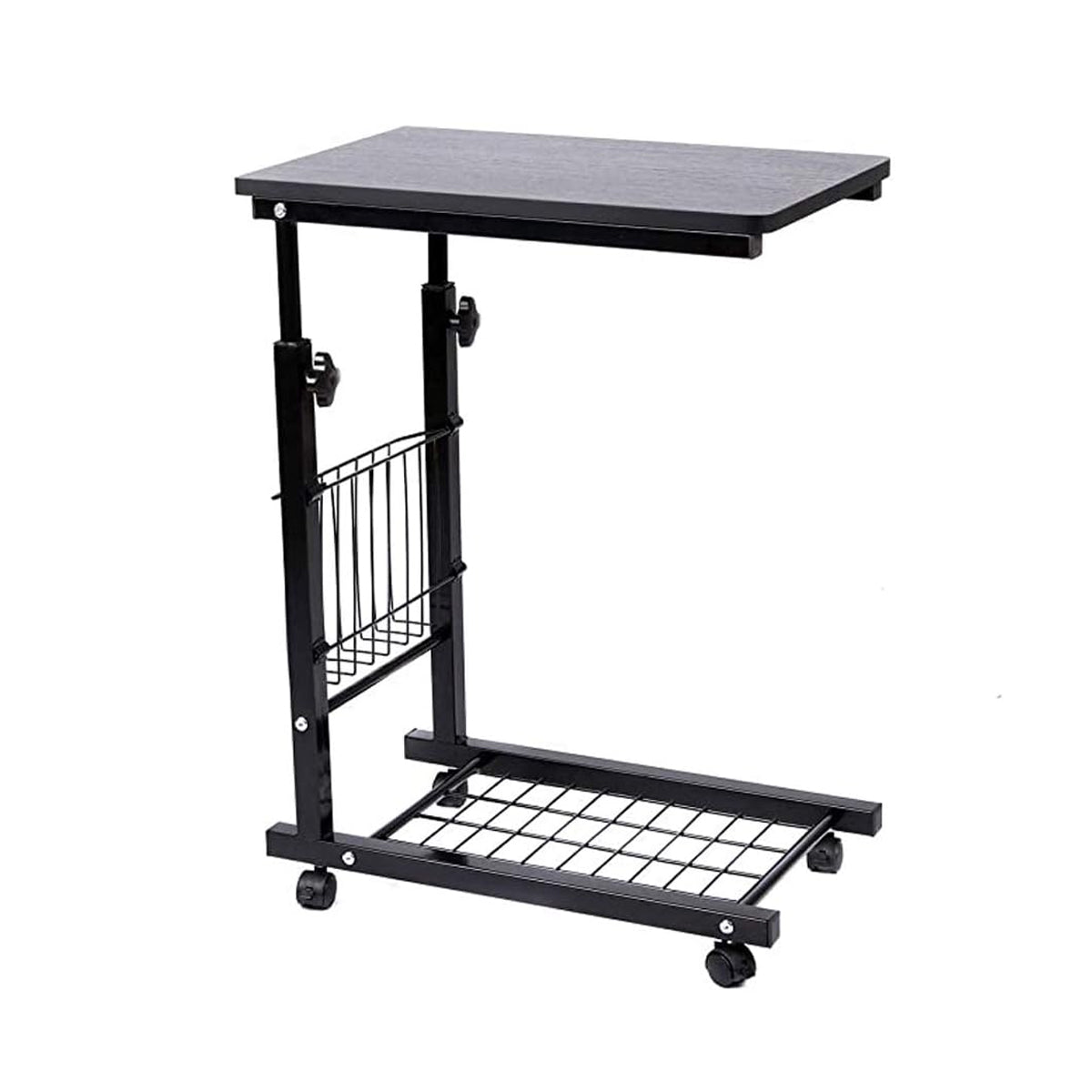 Mobile Adjustable Side Table with Storage Basket and Shelf