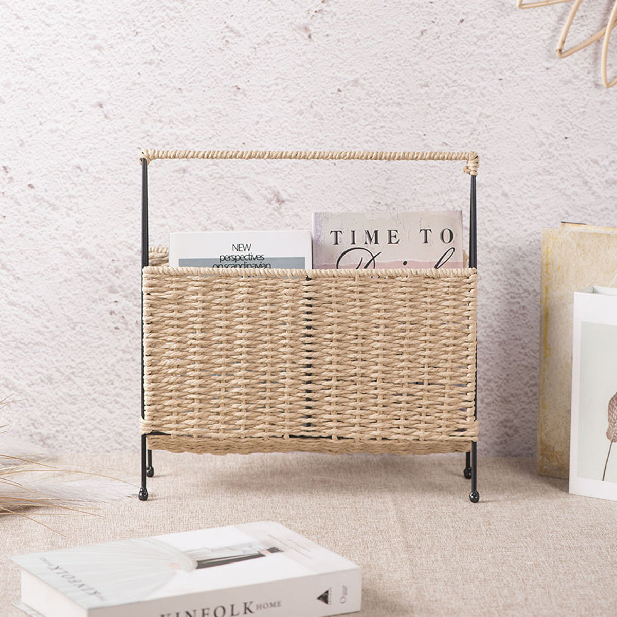 Hand-Woven Paper Rope Storage Basket with Iron Frame Natural