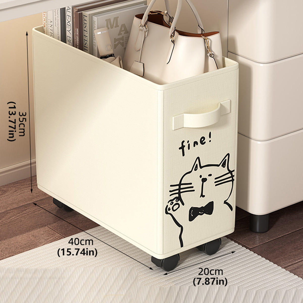 Under Desk Storage Basket Trolley with Lockable Wheels Beige