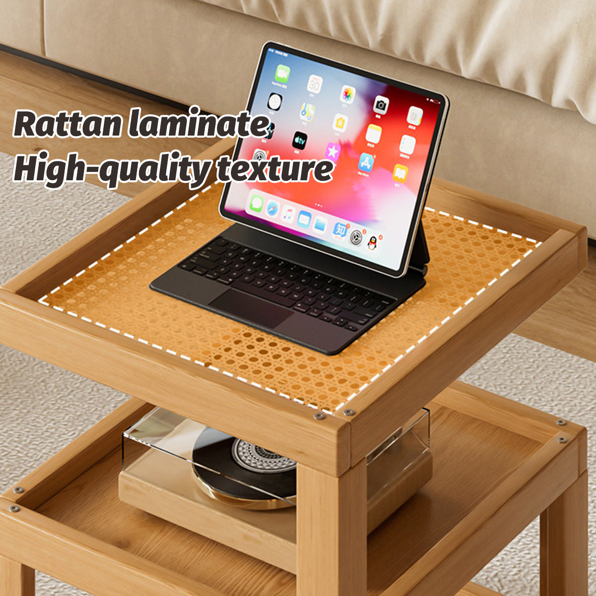 Movable Coffee Table with Universal Wheels Rattan Laminate Top