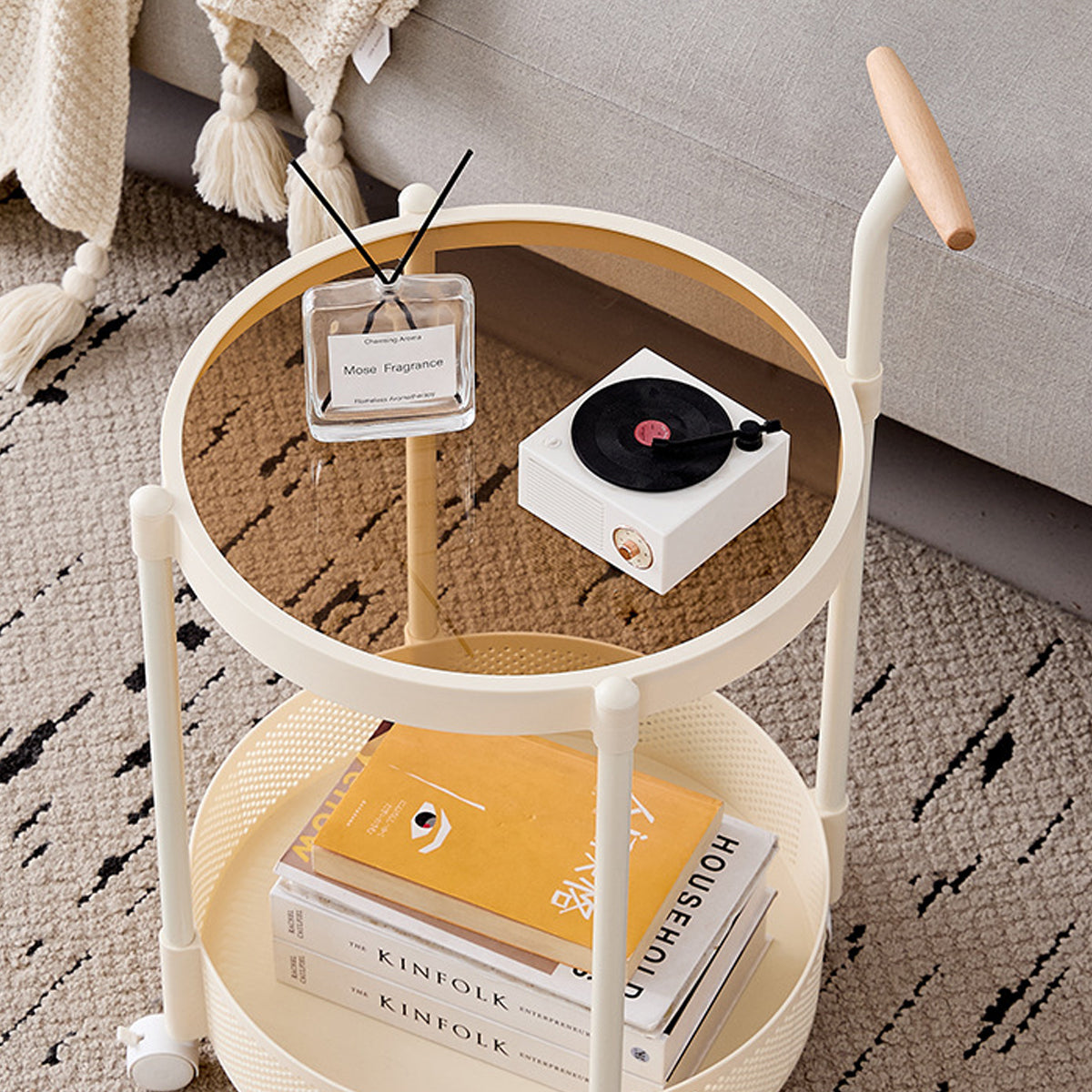 Movable Side Table with Rolling Caster Wheels 2 Tier Design