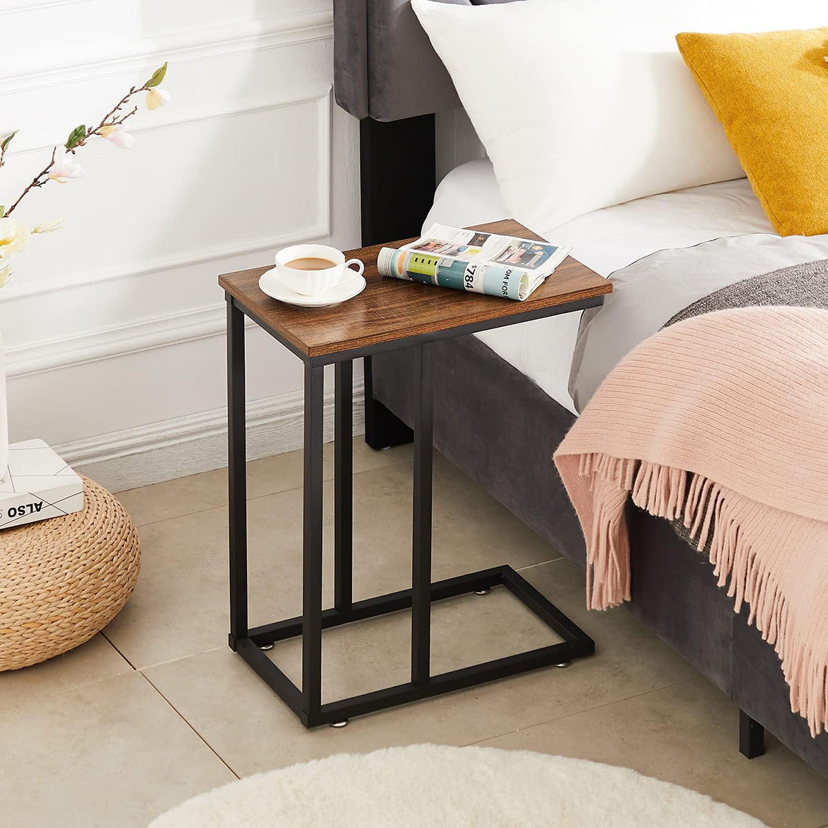 C-Shaped Sofa Side Table with Wooden Top for Office Lounge Use