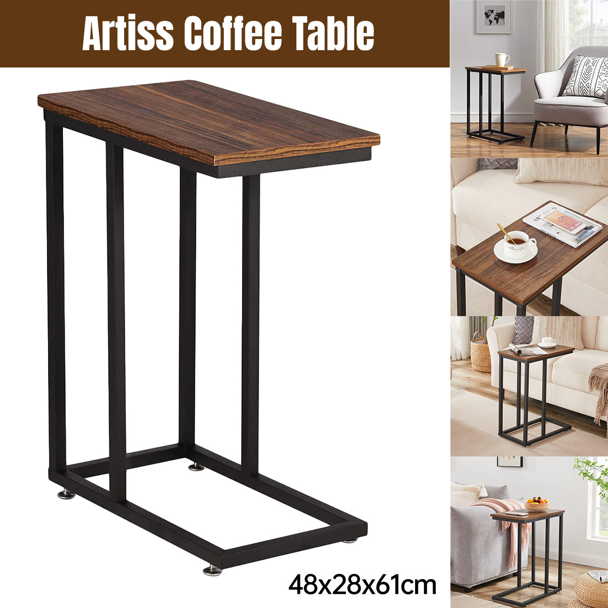 C-Shaped Sofa Side Table with Wooden Top for Office Lounge Use