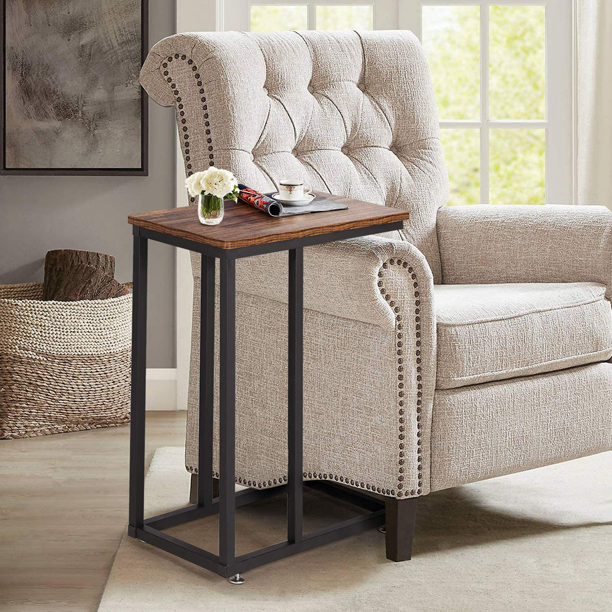 C-Shaped Sofa Side Table with Wooden Top for Office Lounge Use