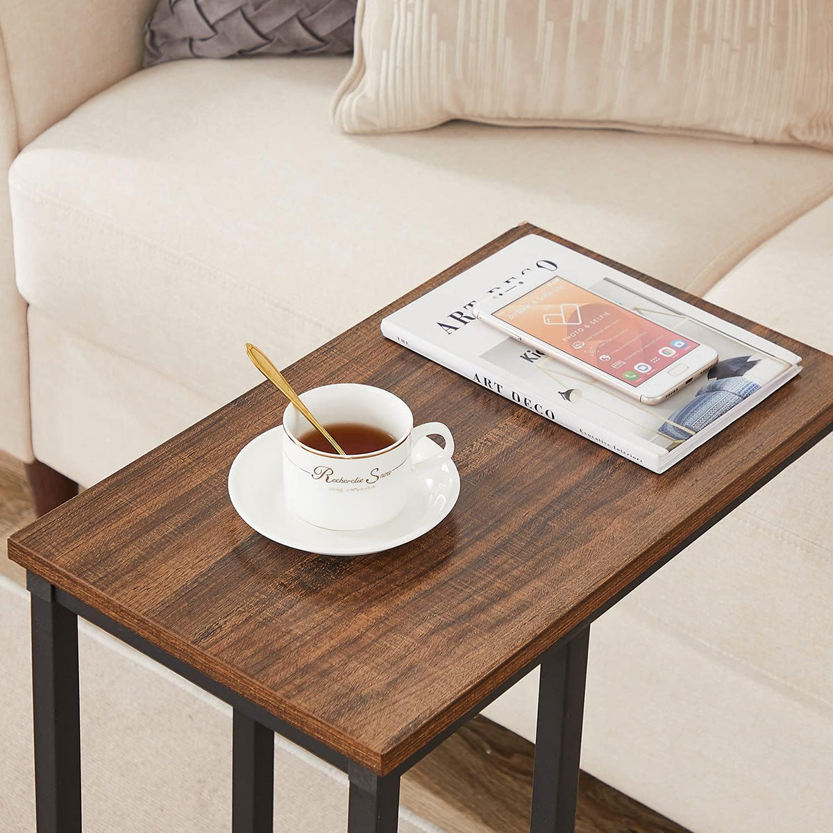 C-Shaped Sofa Side Table with Wooden Top for Office Lounge Use