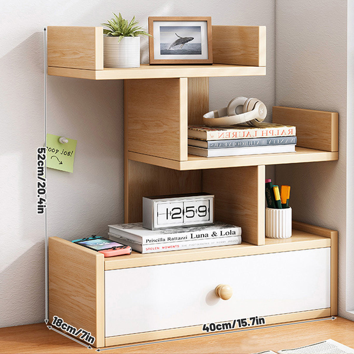Multi Layer Wooden Desktop Shelf with Drawers Home Office Sturdy