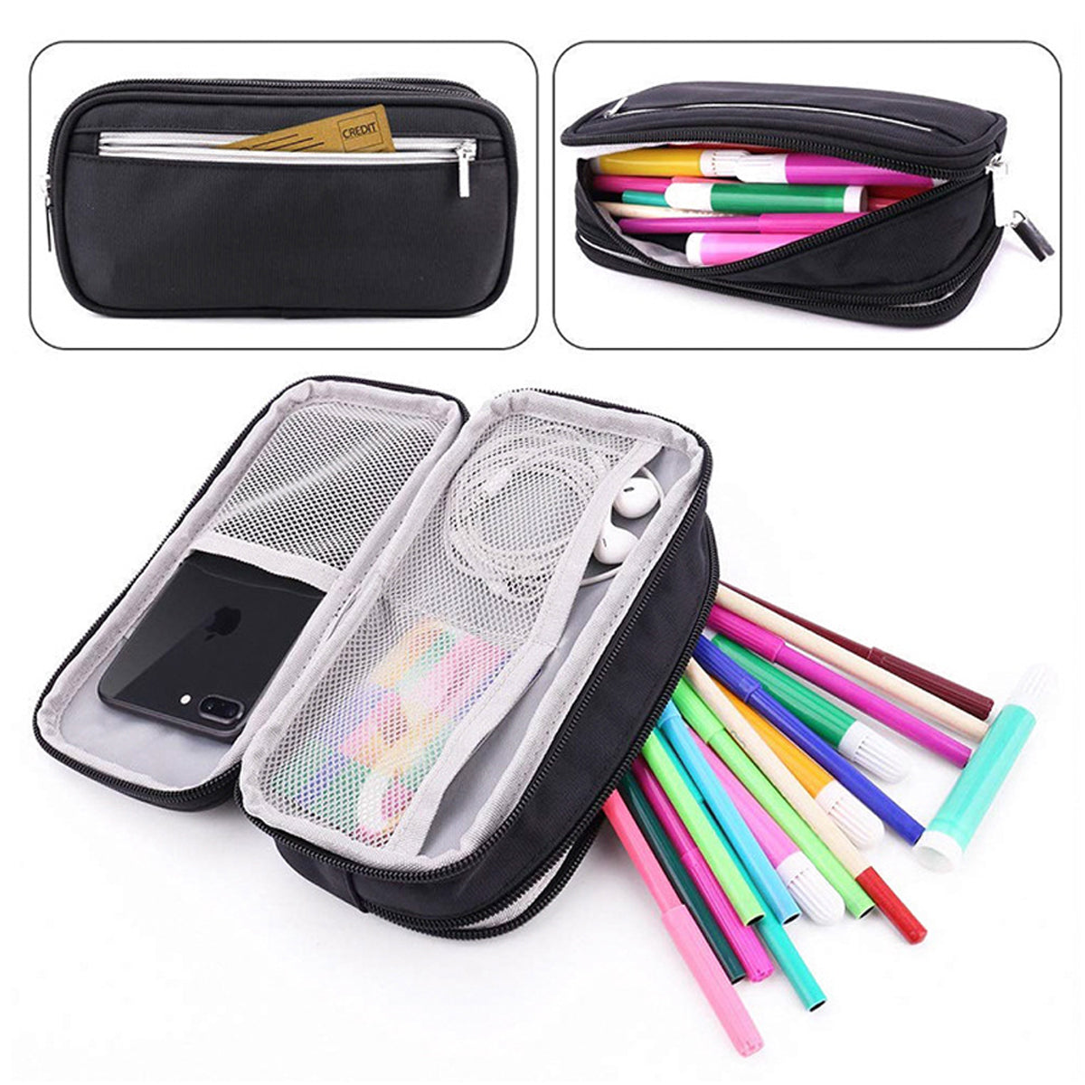 2 Pcs Large Capacity Pencil Case Waterproof 3 Layer Black Grey