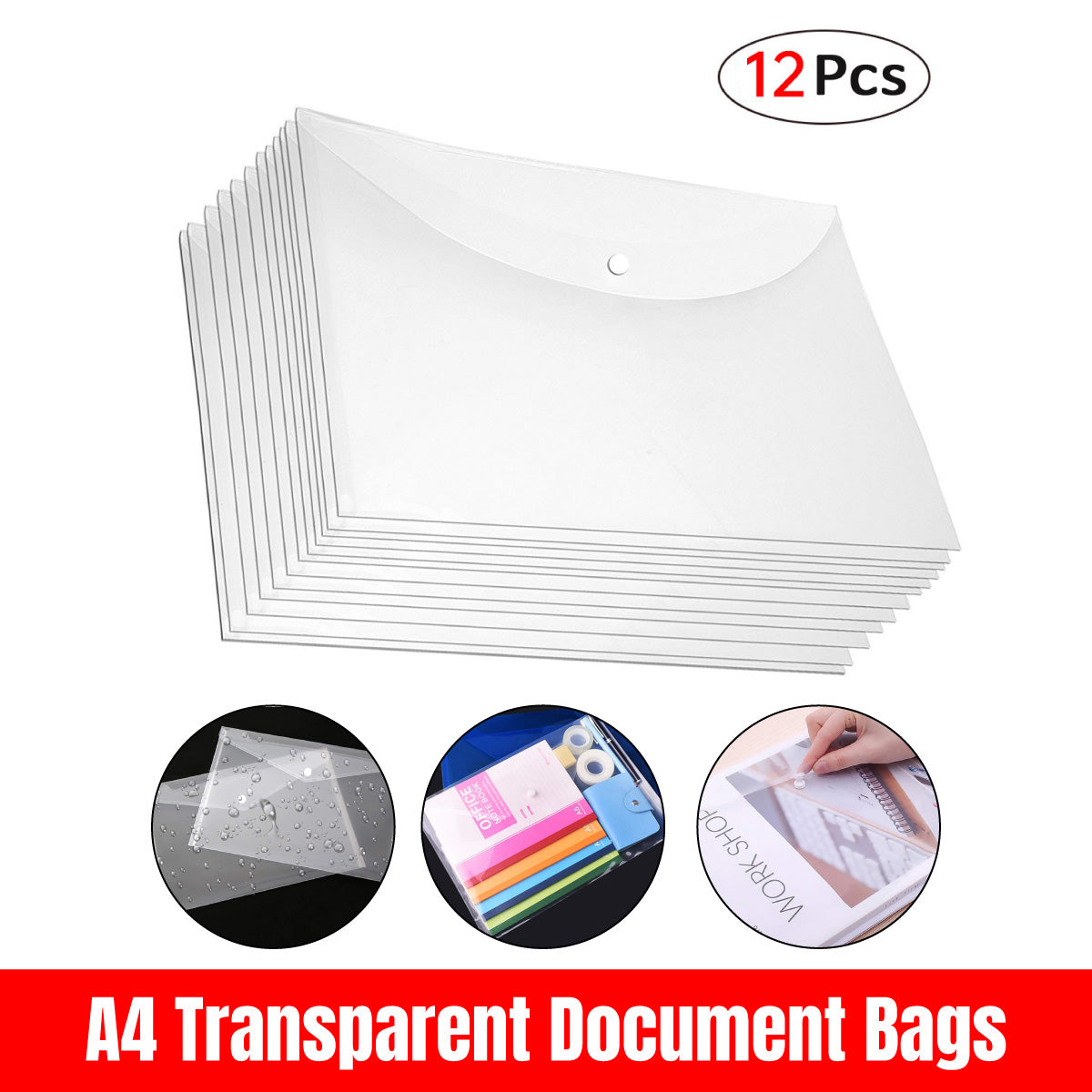 12 Pcs A4 Plastic File Bags with Button Closure Clear
