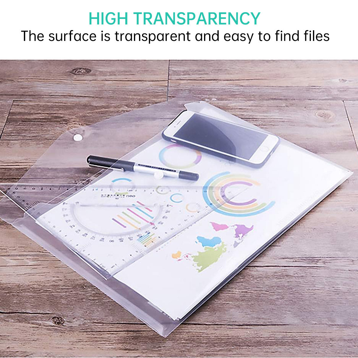 12 Pcs A4 Plastic File Bags with Button Closure Clear