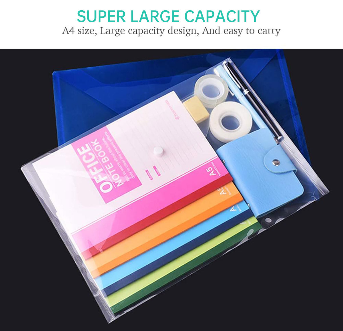 12 Pcs A4 Plastic File Bags with Button Closure Clear