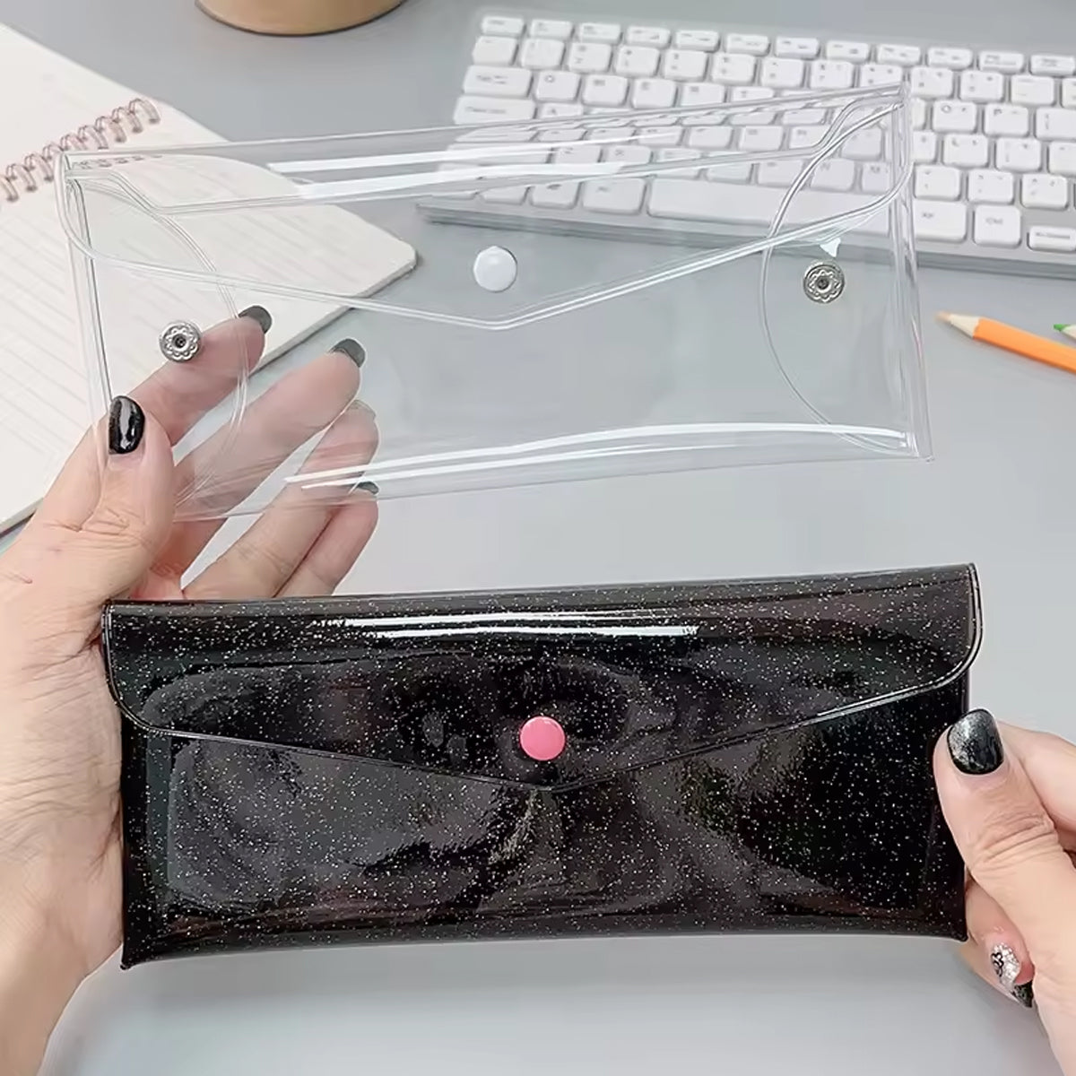 7 Pcs Transparent Pencil Bags PVC Snap Button Assorted Colours