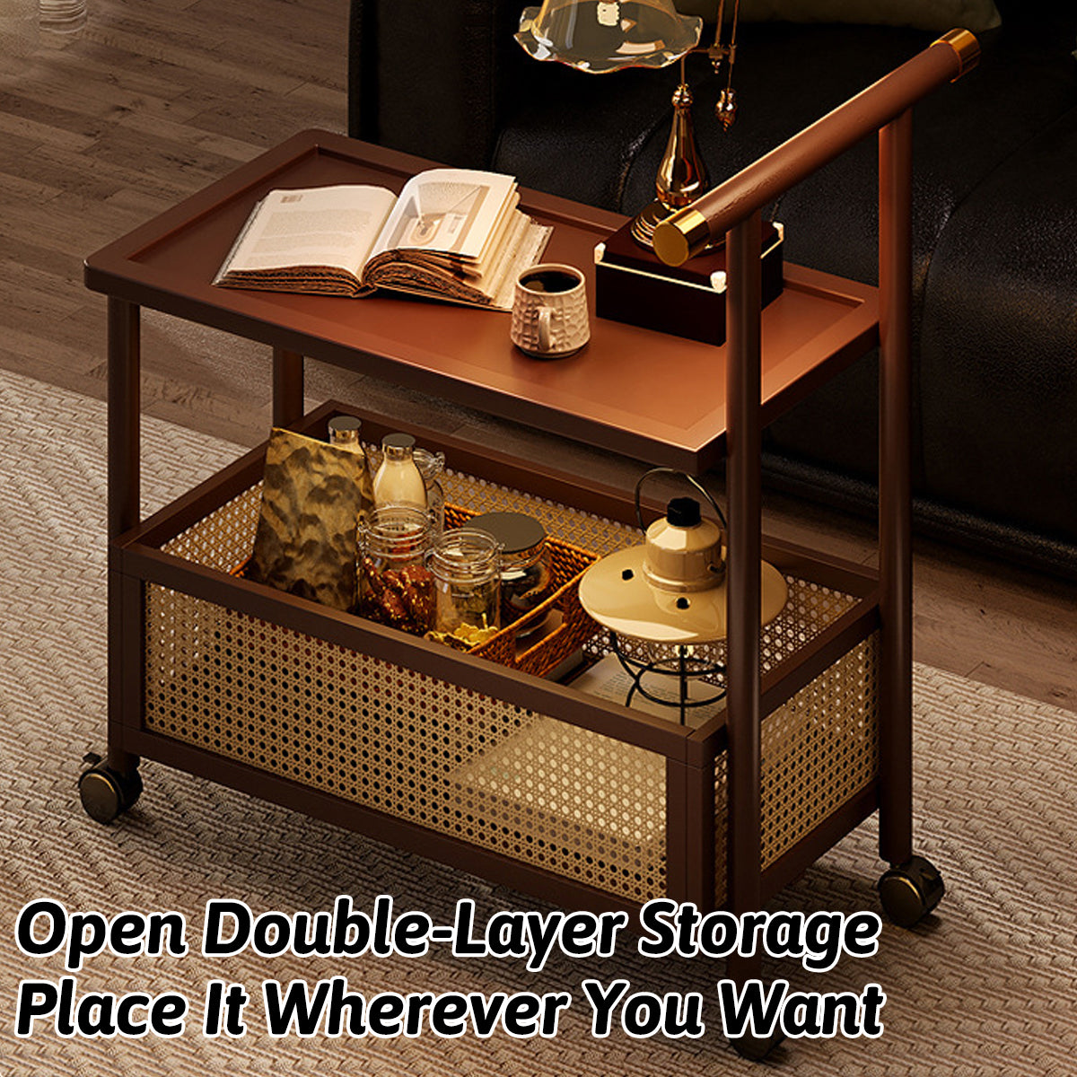 Bamboo Mobile Coffee Table with Wheels and Storage Shelf