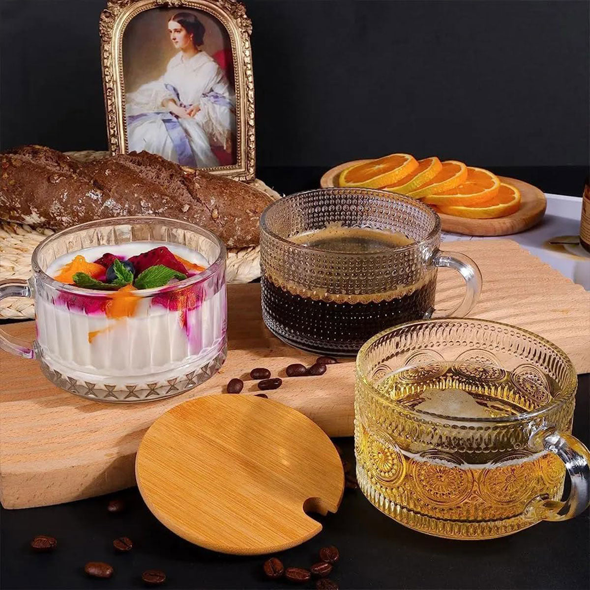4pcs Embossed Glass Coffee Cups 14oz with Lids