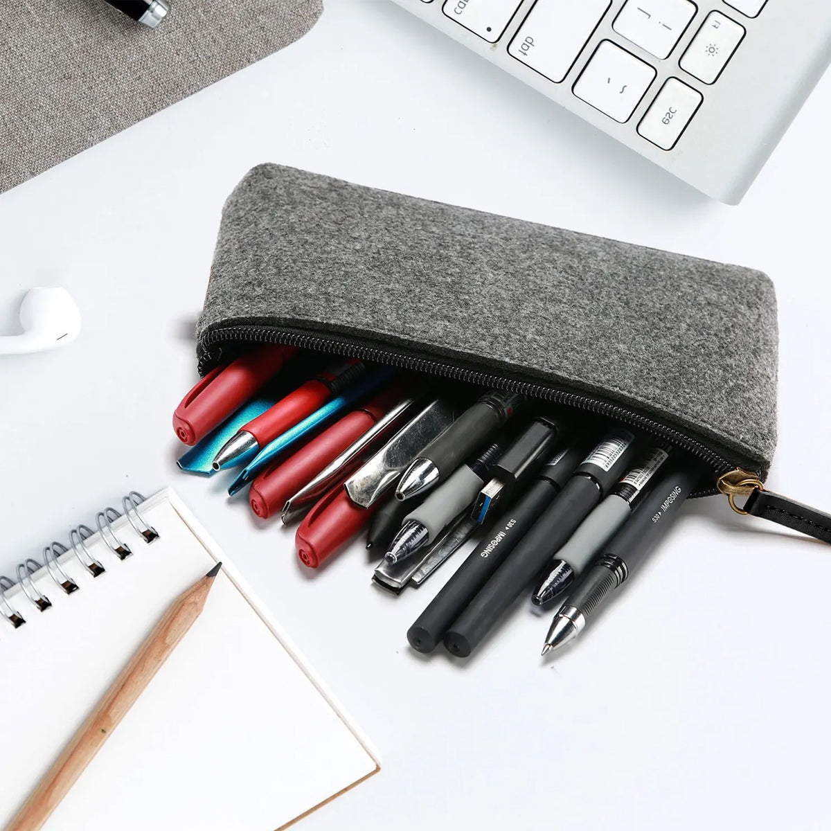 10 Pcs Felt Pencil Case Set Large Capacity Grey Zipper