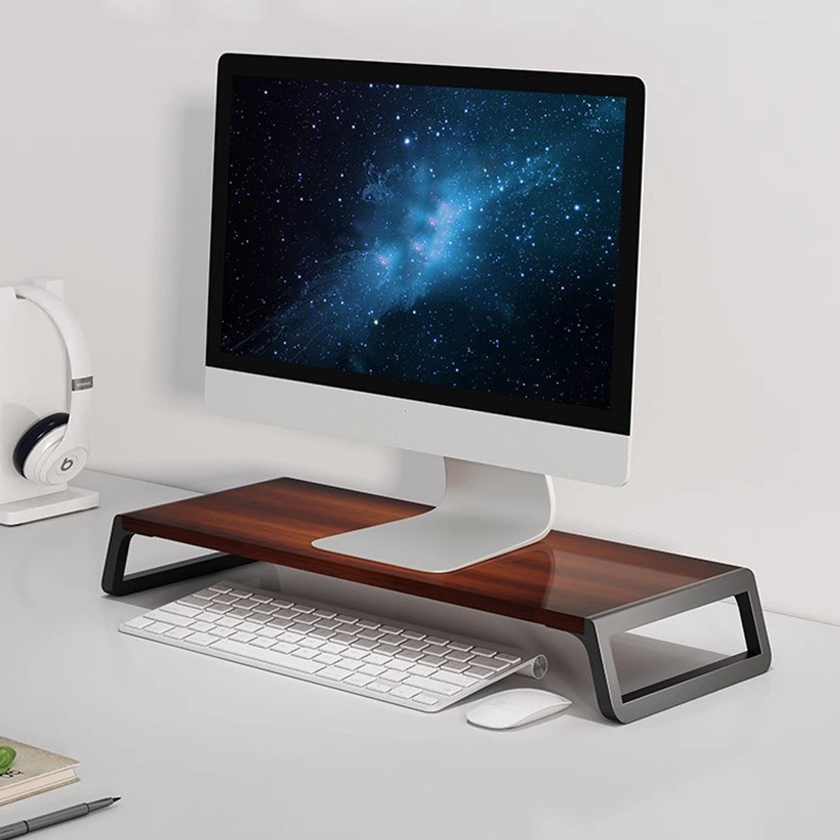 Computer Monitor Riser with Hidden Storage Wood Top Metal