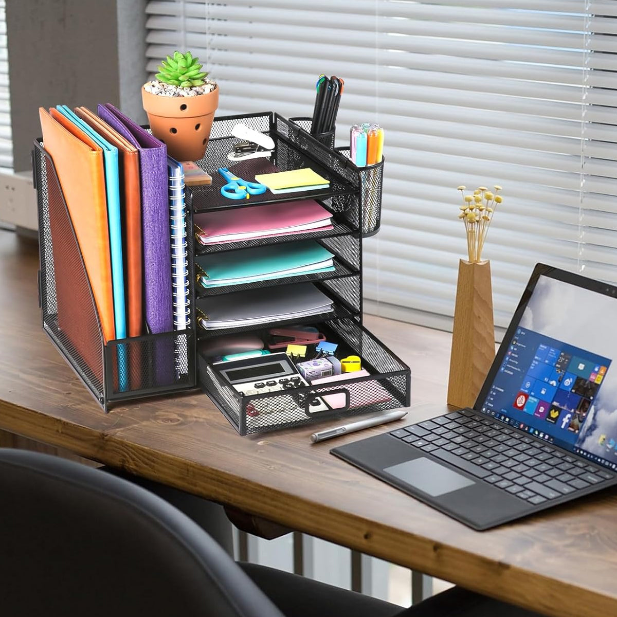 Multi-Tier Desktop File Organizer Metal Mesh Drawer