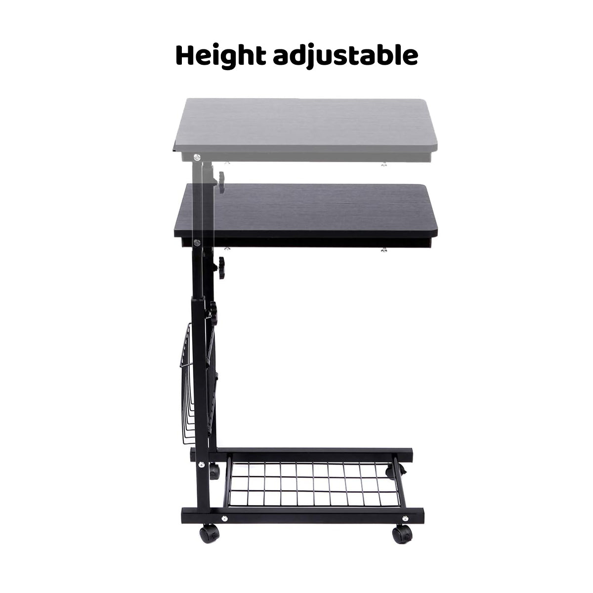 Mobile Adjustable Side Table with Storage Basket and Shelf