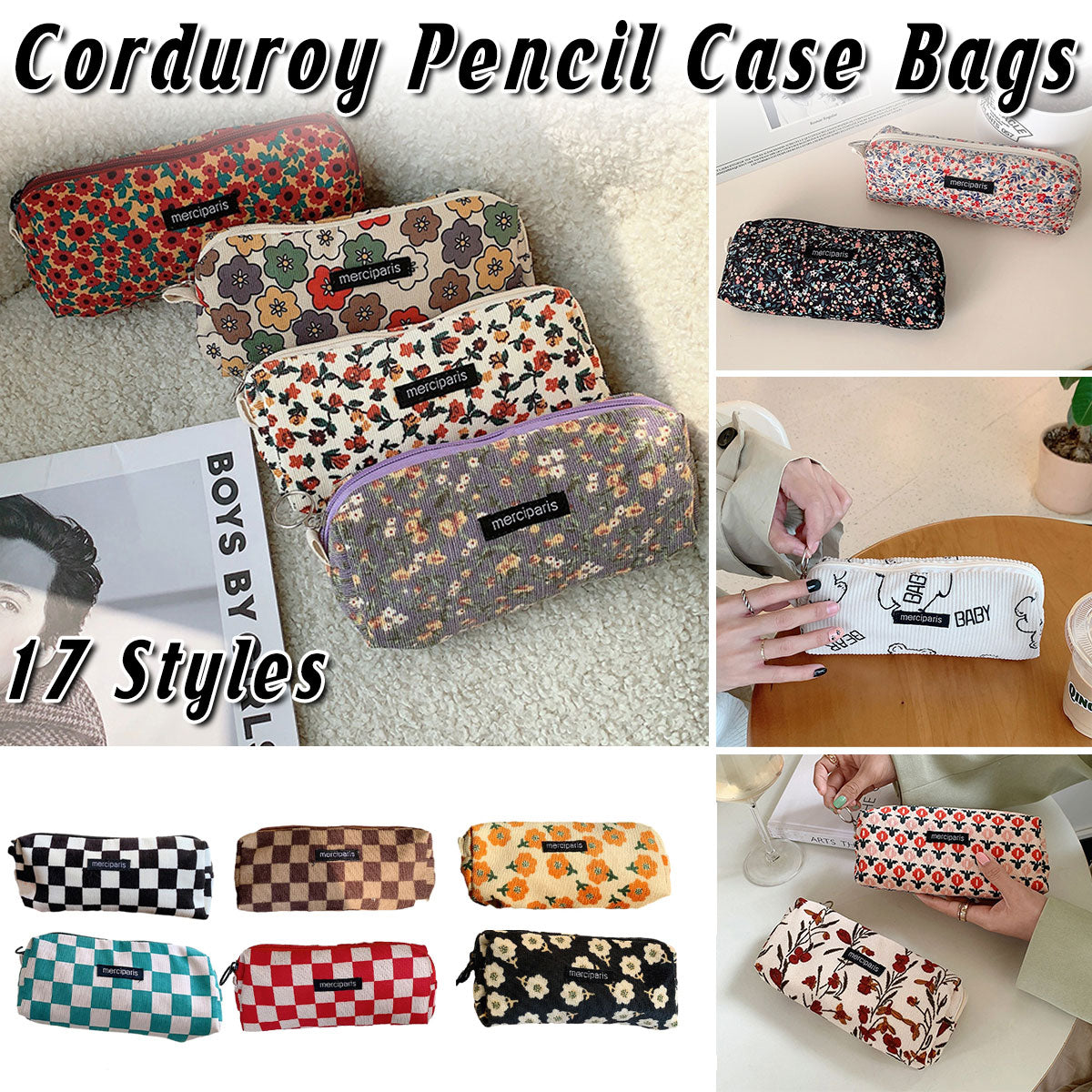 Pencil Case Organiser Bag Large Capacity Corduroy Zipper