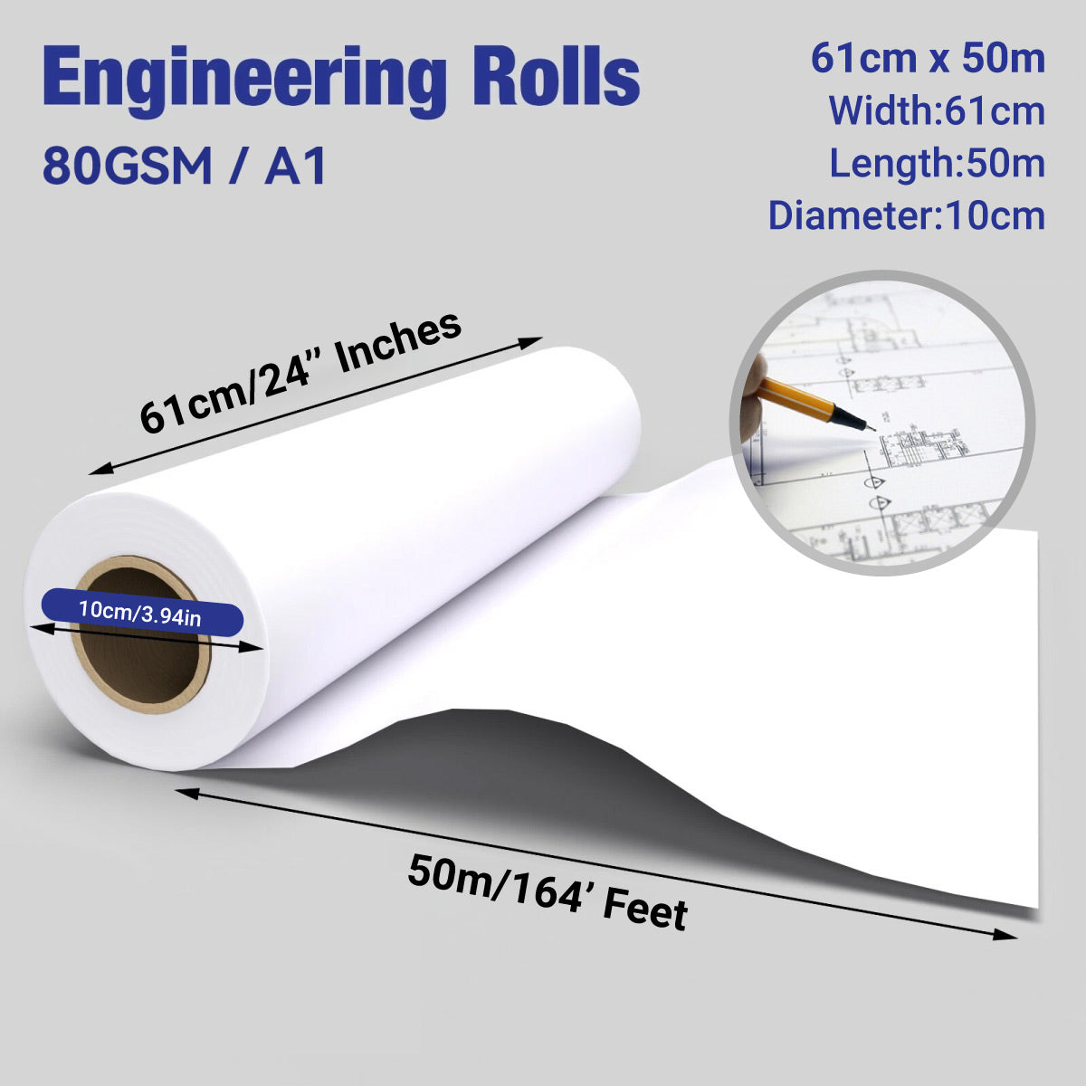 A1 Engineering Drawing Paper Roll 61cm 50m 80gsm