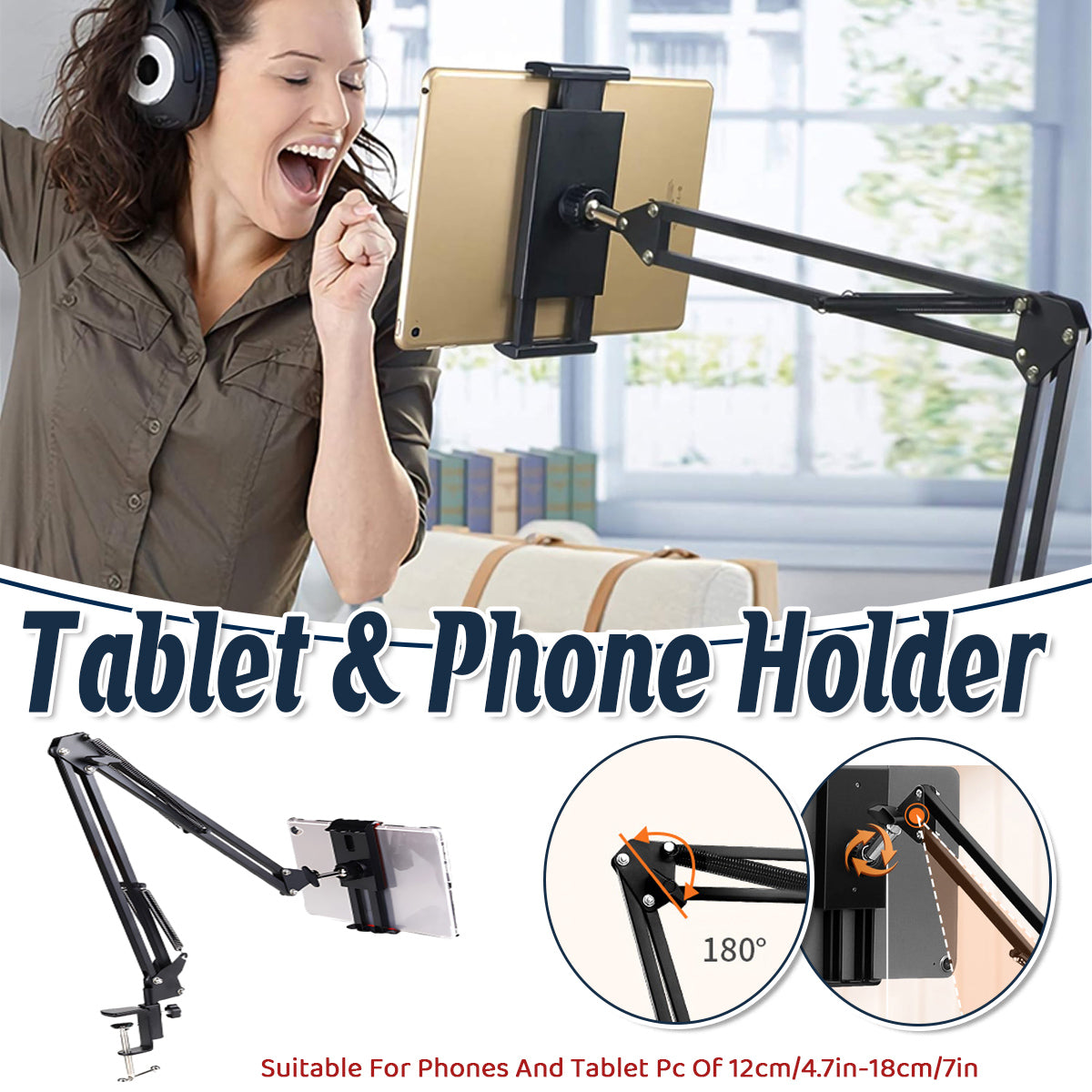 Long Arm Tablet Stand Phone Holder with 360° Rotation for Desk and Bed