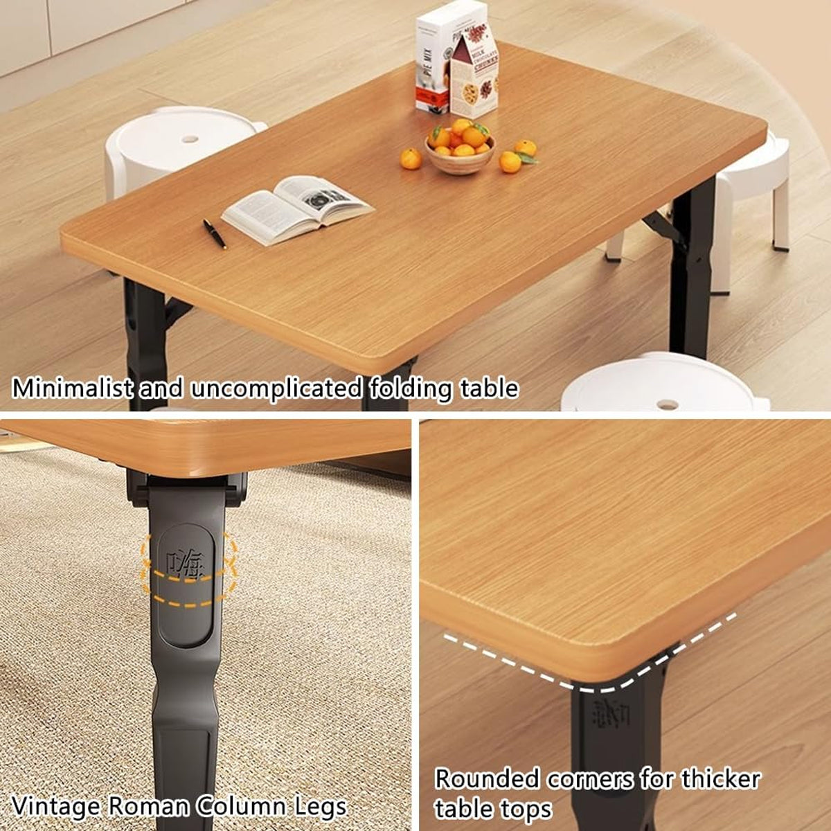 Foldable Small Square Table with Light Wood Top and Metal Legs