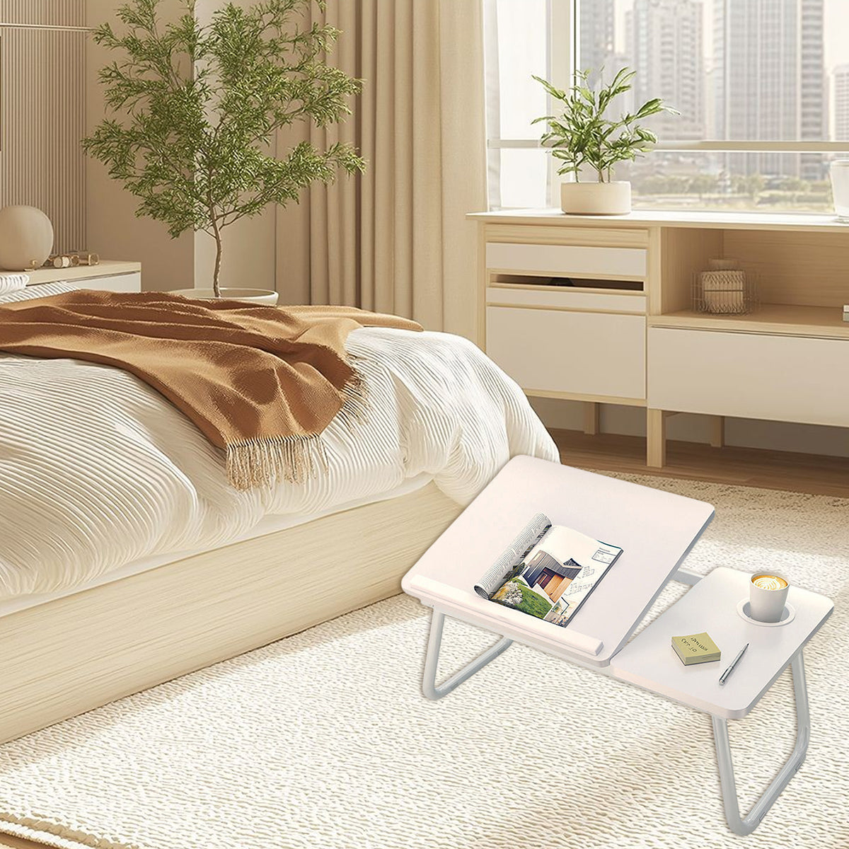 Foldable Bedside Laptop Desk with Adjustable Angle and Cup Holder