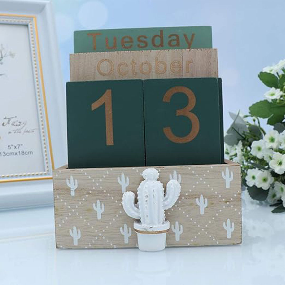 Wooden Perpetual Desk Calendar Retro Block Desktop Decor