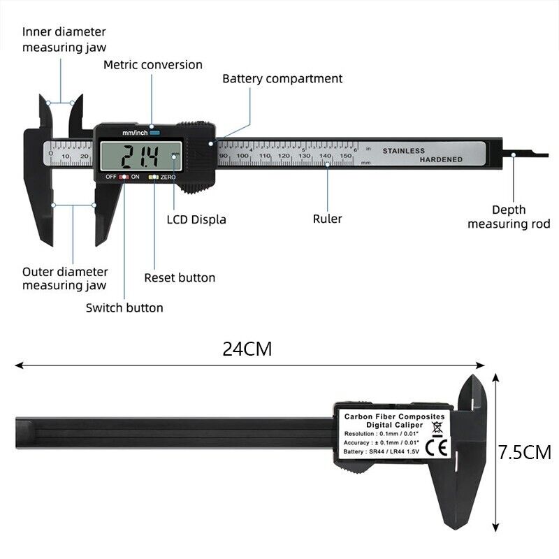 Electronic Digital Vernier Caliper 150mm Carbon Fiber Gauge