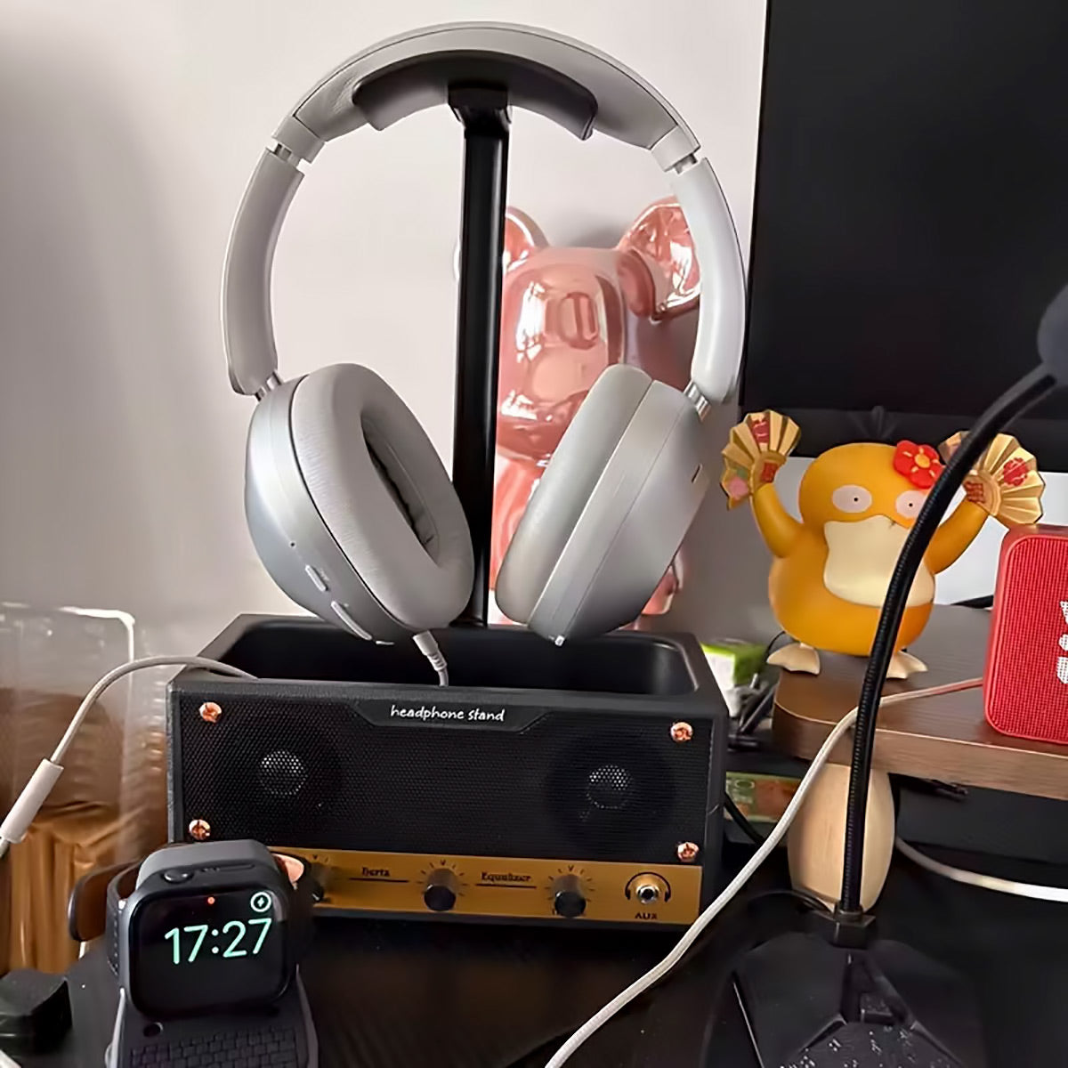 Vintage Headphone Stand with Storage Box Desk Setup