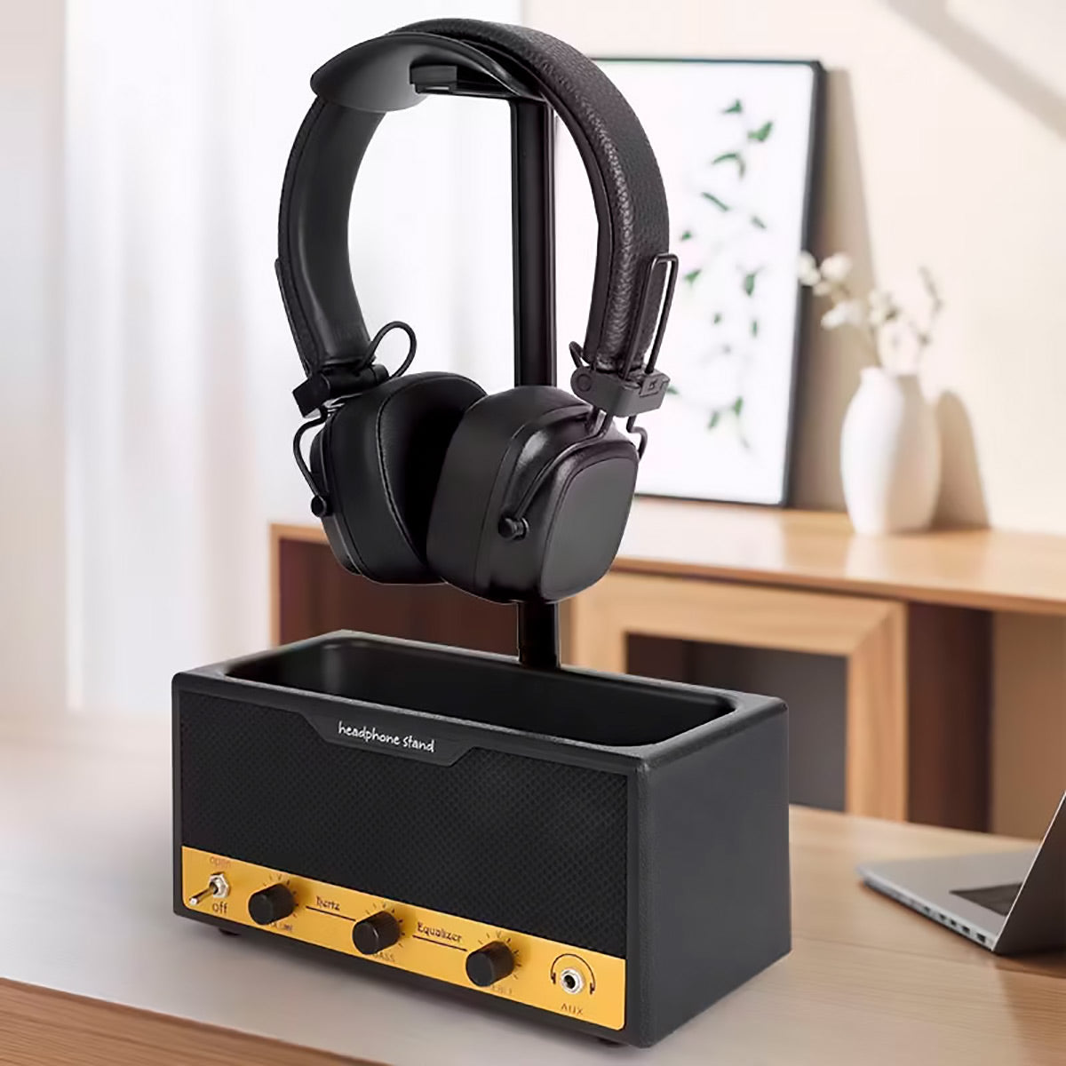 Vintage Headphone Stand with Storage Box Desk Setup