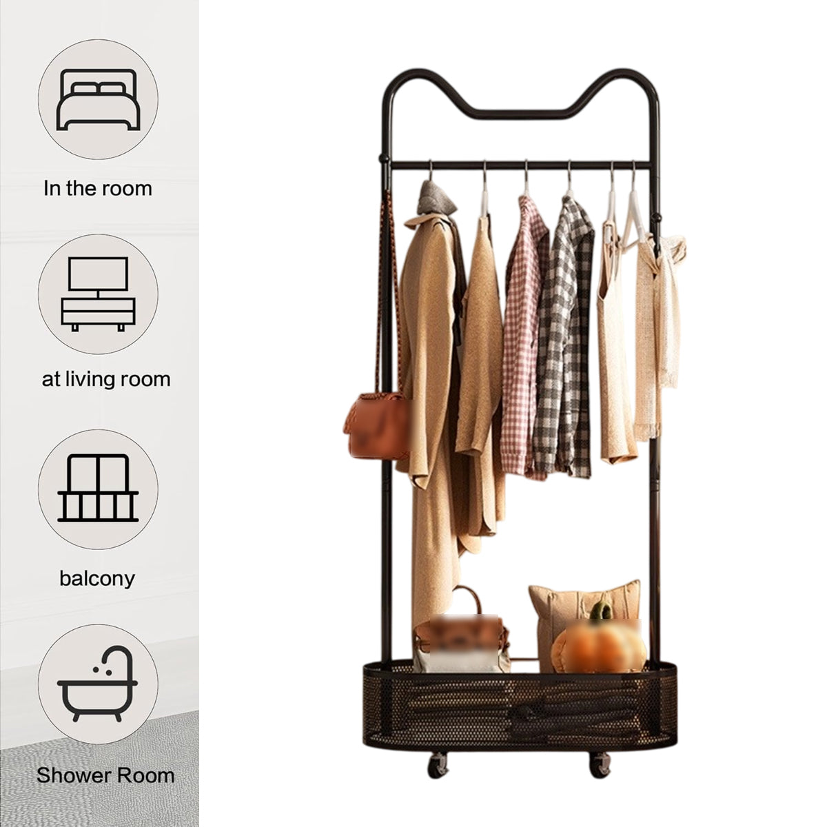 Moveable Clothes Rack with Wheels Basket and Hooks